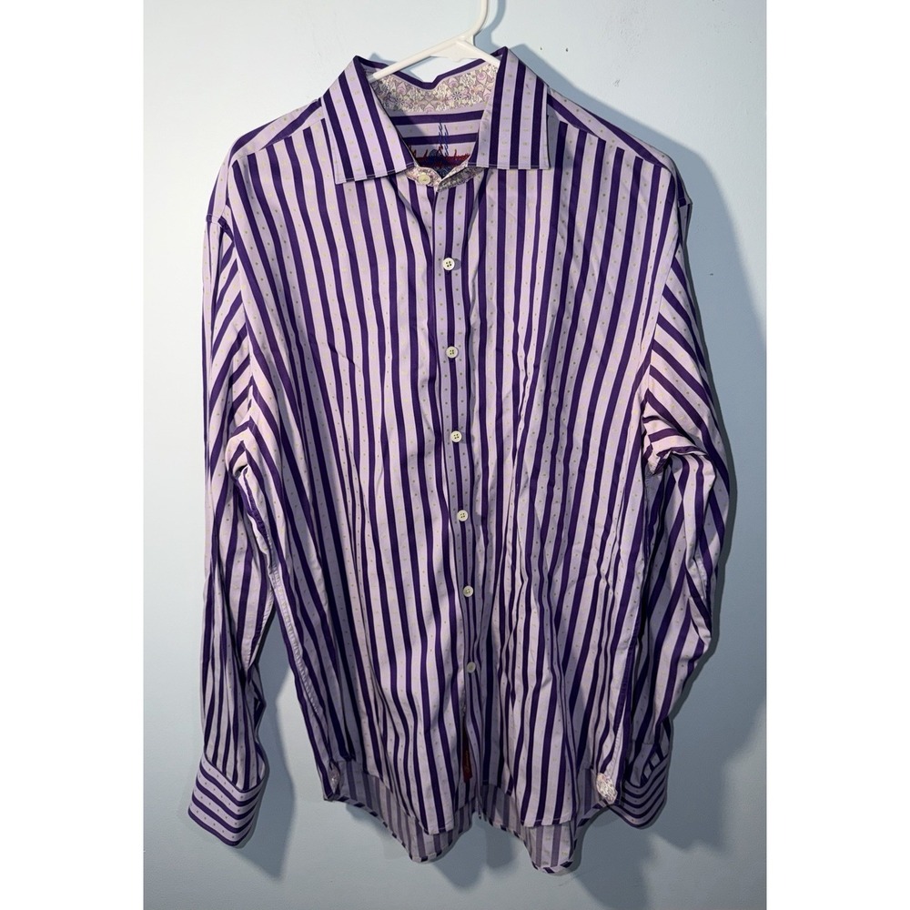 ROBERT GRAHAM Men's Dress Shirt Striped Long Sleeve Cotton Purple Button Size XL